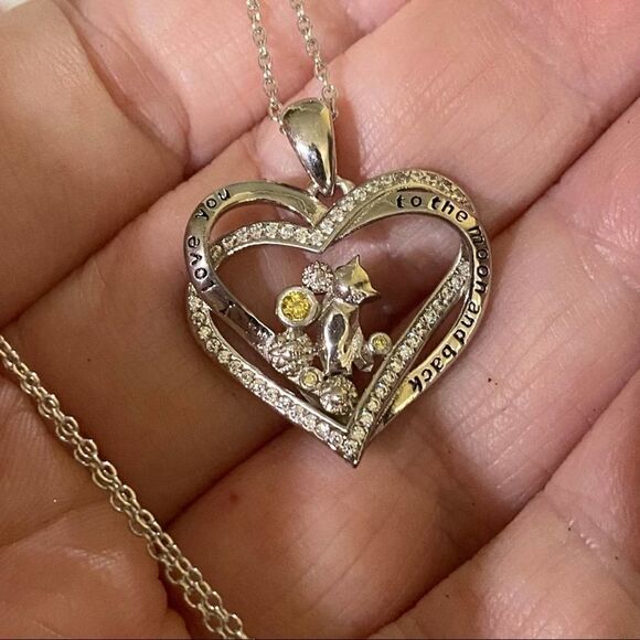 I Love You To The Moon And Back Cat Cz Sterling Silver Necklace - Picture 2 of 4